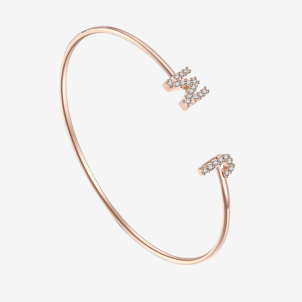 Bracelet jonc femme en or rose, initiales serties de zircon à chaque extrémité