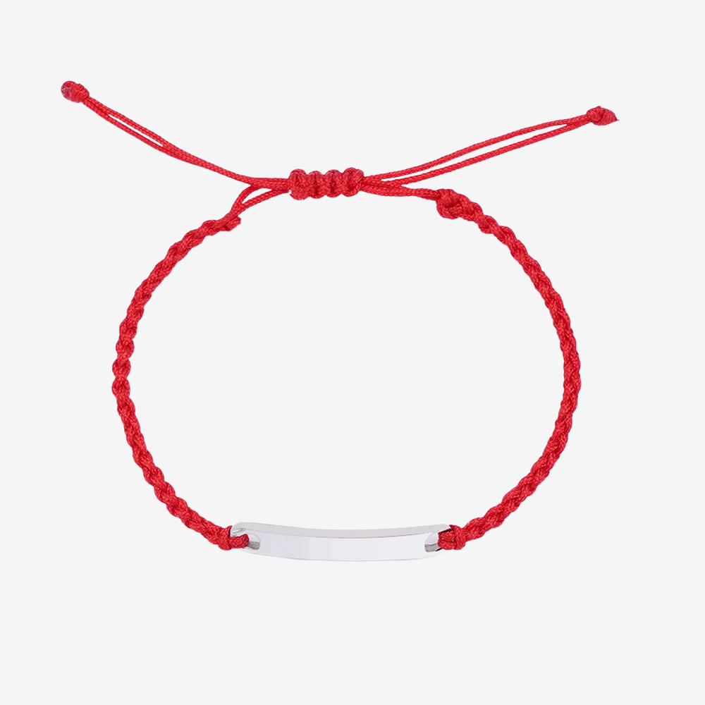 Bracelet couple distance en coton rouge, plaque argentée gravable et cordon ajustable