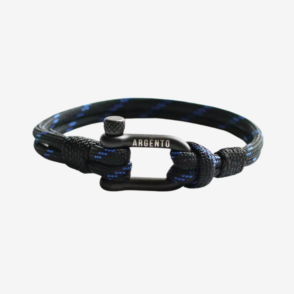 Bracelet homme personnalisable noir à motifs bleus style marin, boucle U gravée