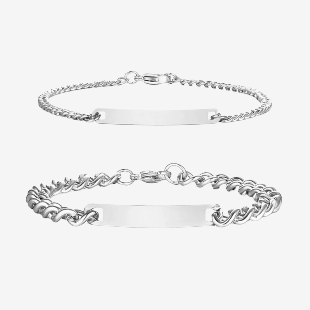 Bracelet couple en commun en argent, duo de tailles avec plaques gravables