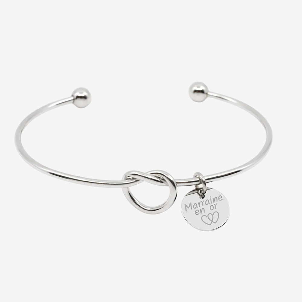 Bracelet jonc nœud à personnaliser argenté, médaillon gravé Marraine en or