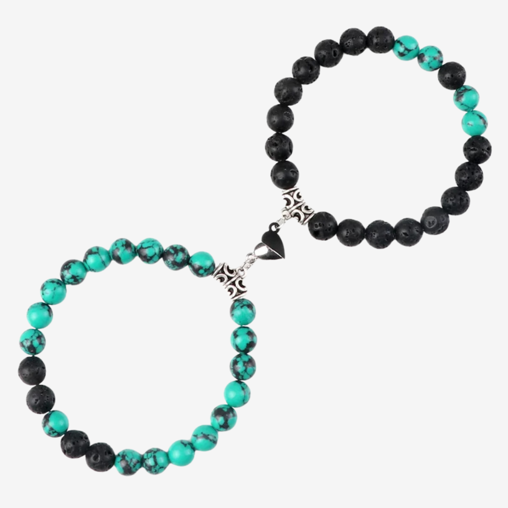 Bracelet d'amour en perles turquoise et noires, aimant cœur en acier argenté