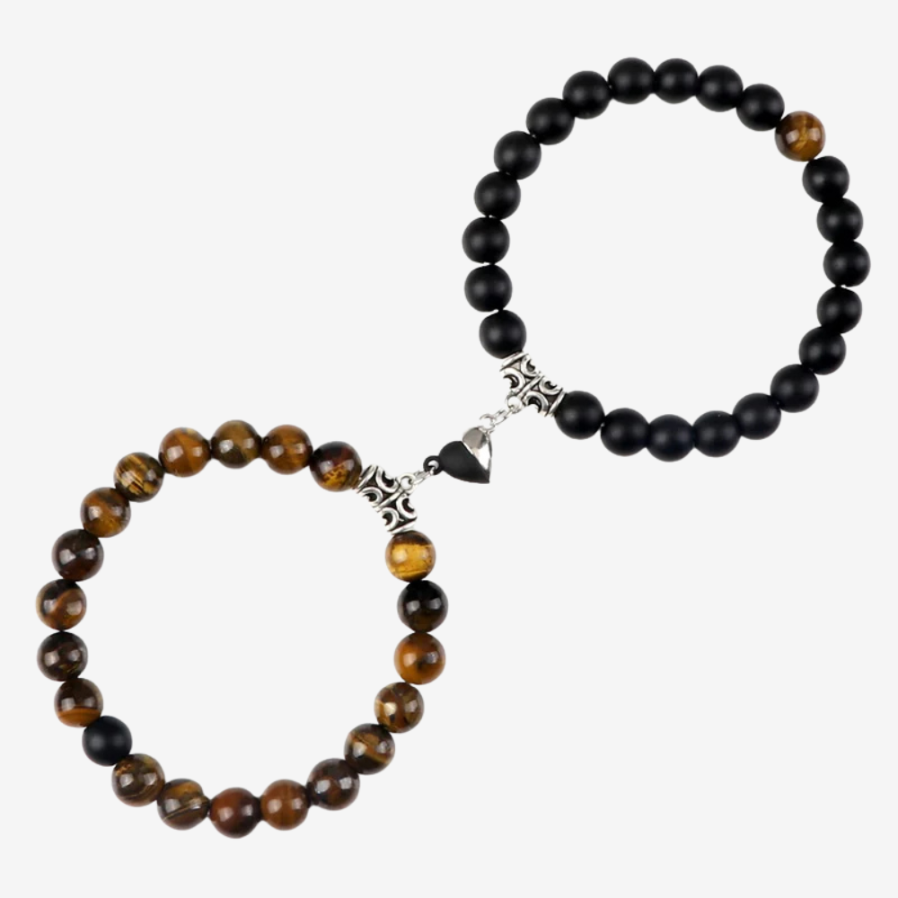 Bracelet d'amour en perles noires et œil-de-tigre, aimant cœur en acier argenté