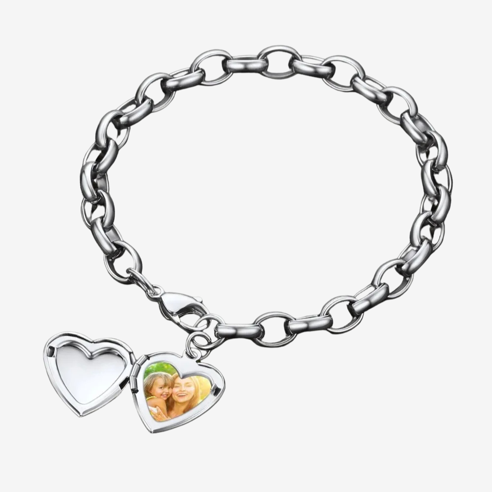 Bracelet photo personnalisé en acier argenté, médaillon cœur ouvrant avec photo insérée