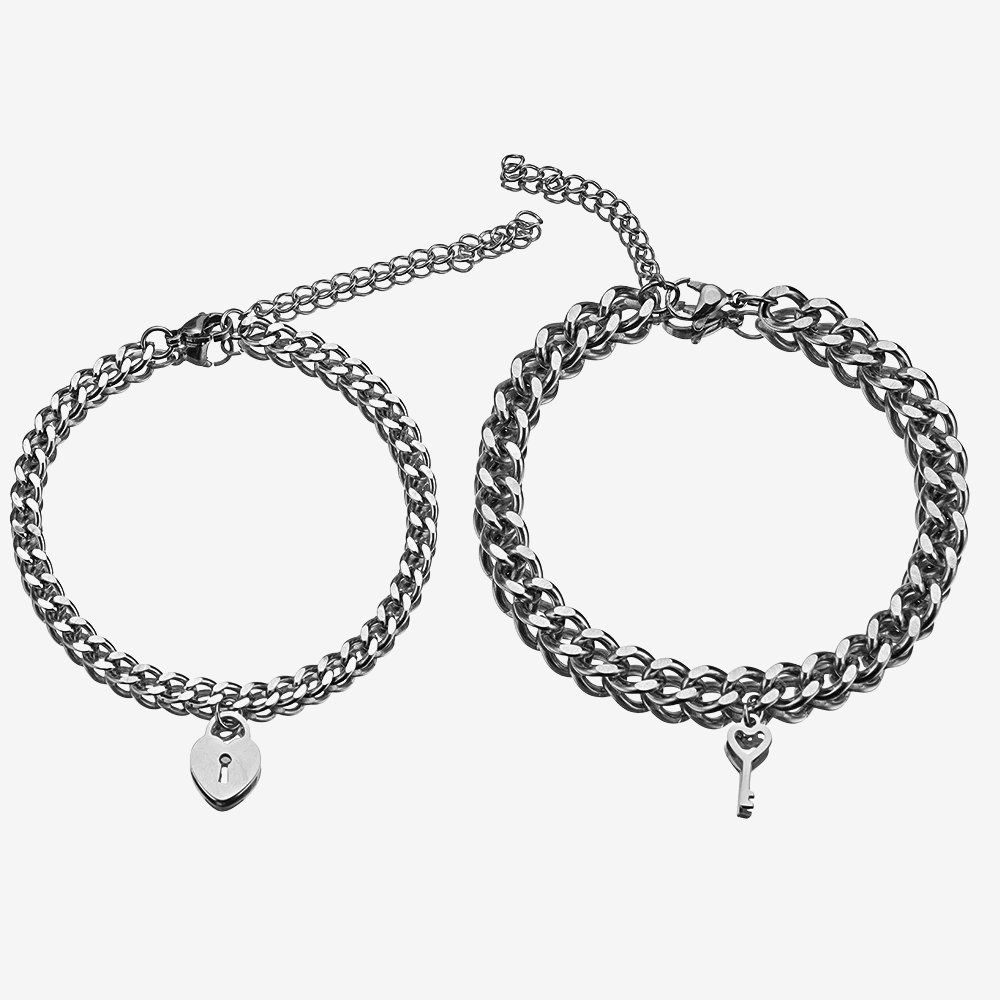 Bracelet pour amoureux en argent, duo cadenas cœur et clé sur chaîne gourmette