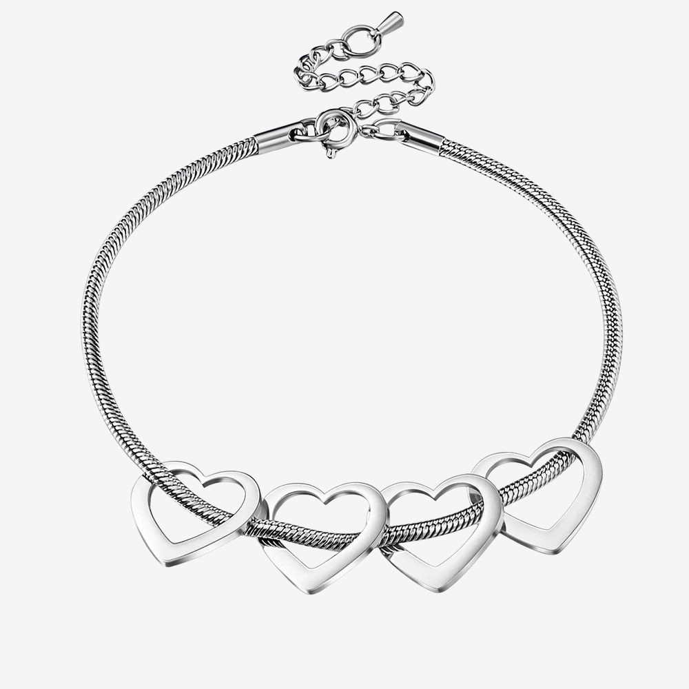 Bracelet charms femme en acier inoxydable argenté, chaîne serpent et 4 cœurs gravables