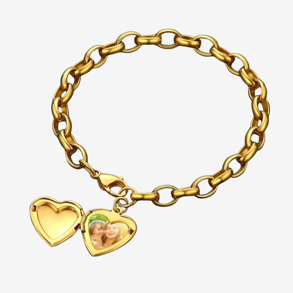 Bracelet photo personnalisé en acier doré, médaillon cœur ouvrant avec photo insérée