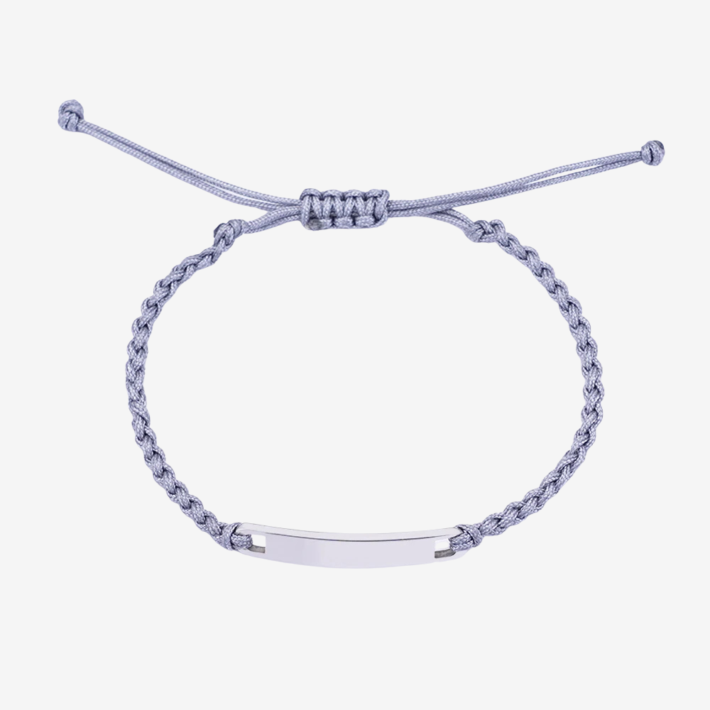 Bracelet couple distance en coton gris, plaque argentée gravable et cordon ajustable