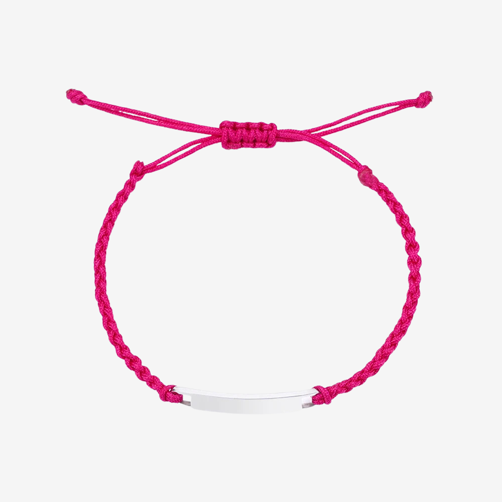 Bracelet couple distance en coton rose fuchsia, plaque argentée gravable et cordon ajustable