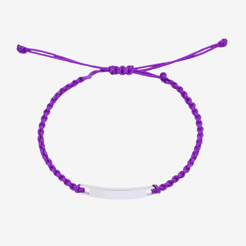 Bracelet couple distance en coton violet, plaque argentée gravable et cordon ajustable
