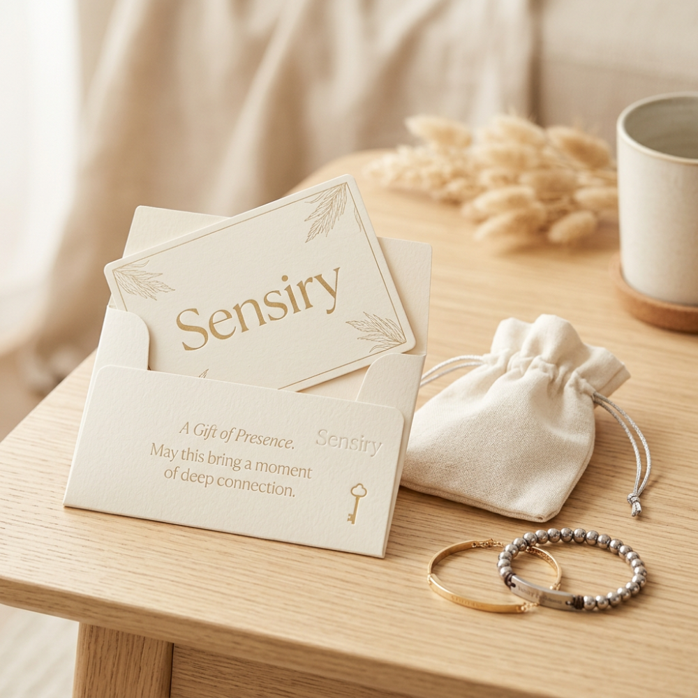 Carte cadeau Sensiry beige avec enveloppe posée sur table en bois, pochettes en tissu et bracelets doré et argenté
