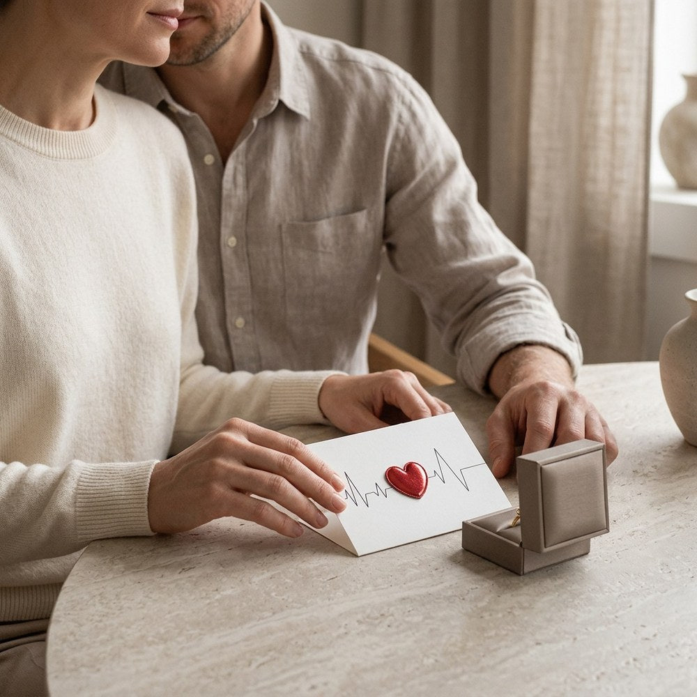 Carte romantique offerte avec un bijou, moment en couple
