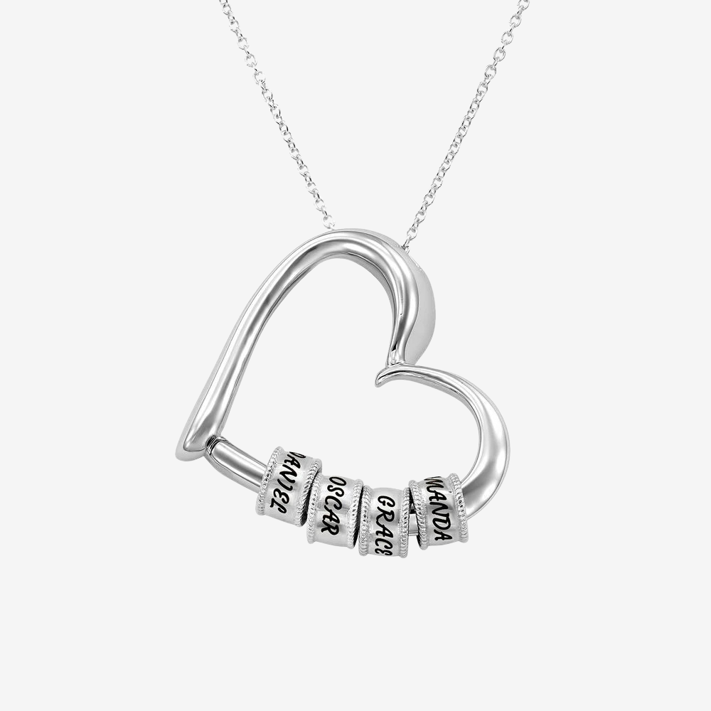 Collier cœur en argent, pendentif cœur ouvert avec 4 anneaux gravés de prénoms