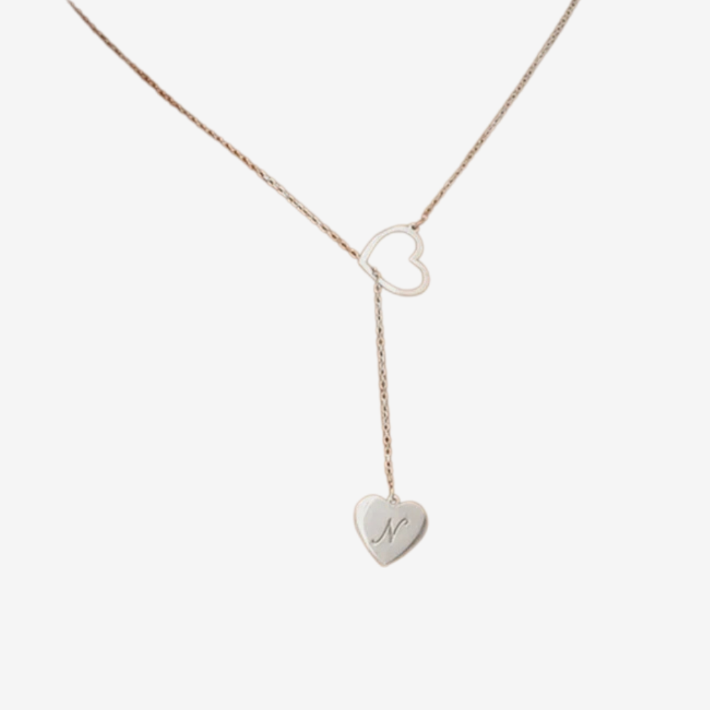 Collier initial en argent, chaîne lariat avec cœur ajouré et pendentif cœur gravé