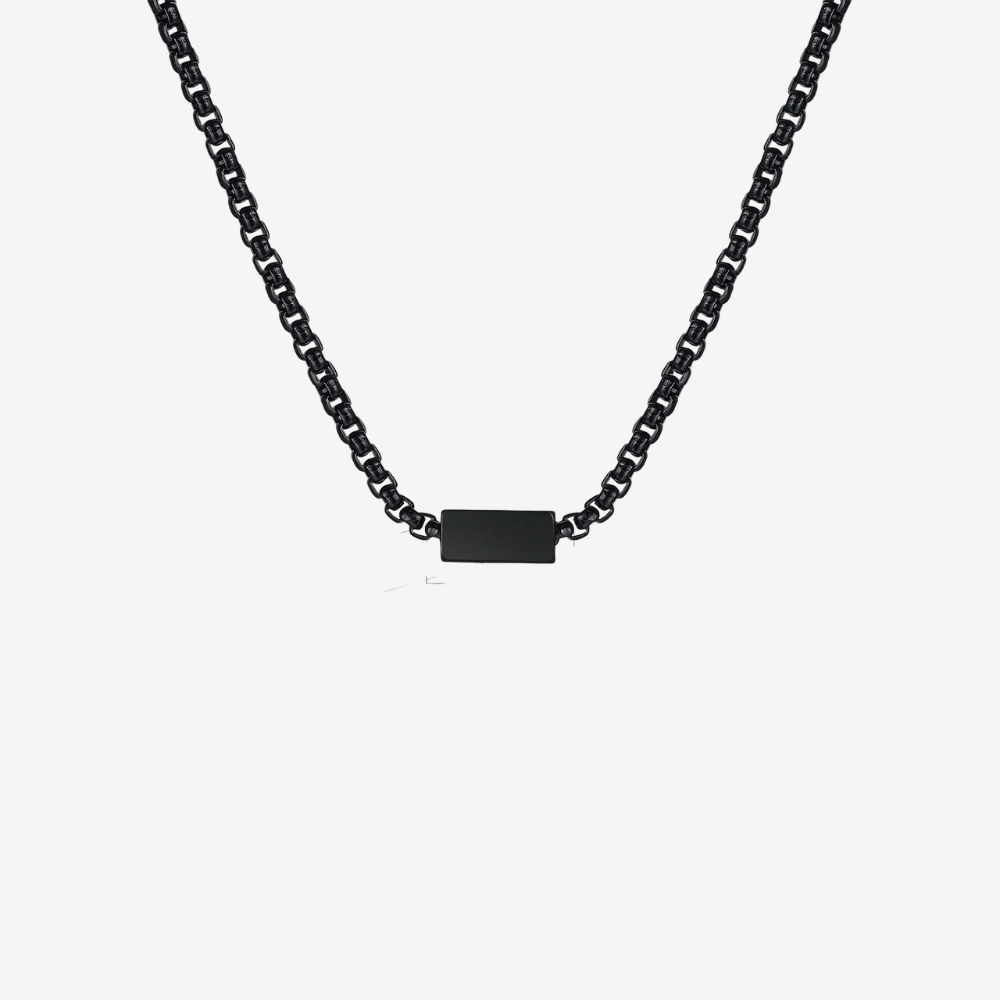 Collier chaîne homme noir, chaîne carrée et plaque rectangulaire gravable