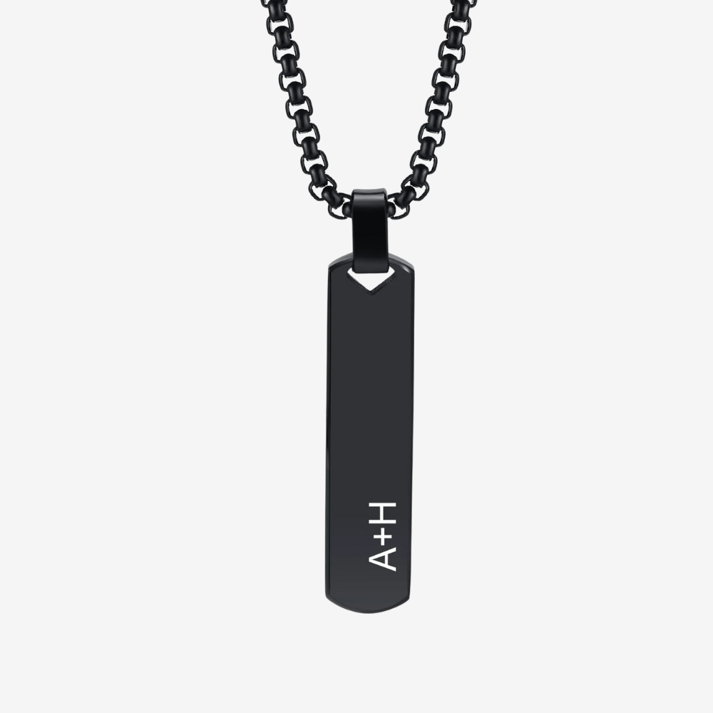 Collier homme personnalisé vertical noir, plaque gravée A+H