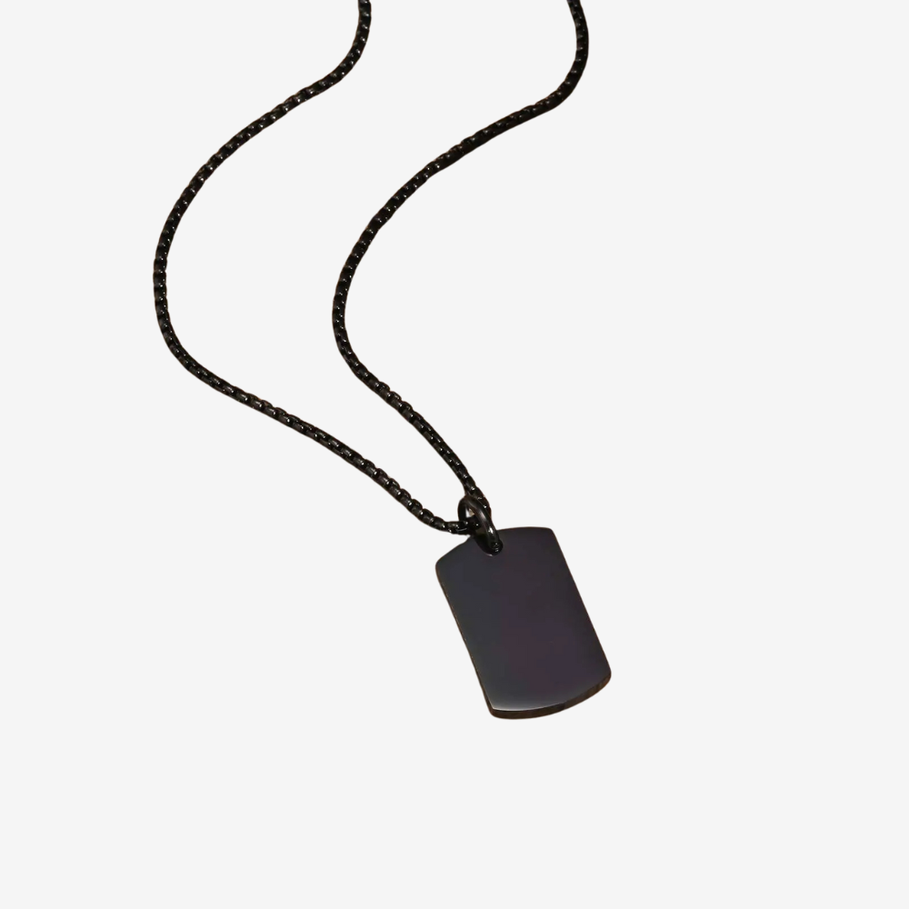 Collier homme style militaire noir, plaque rectangulaire gravable