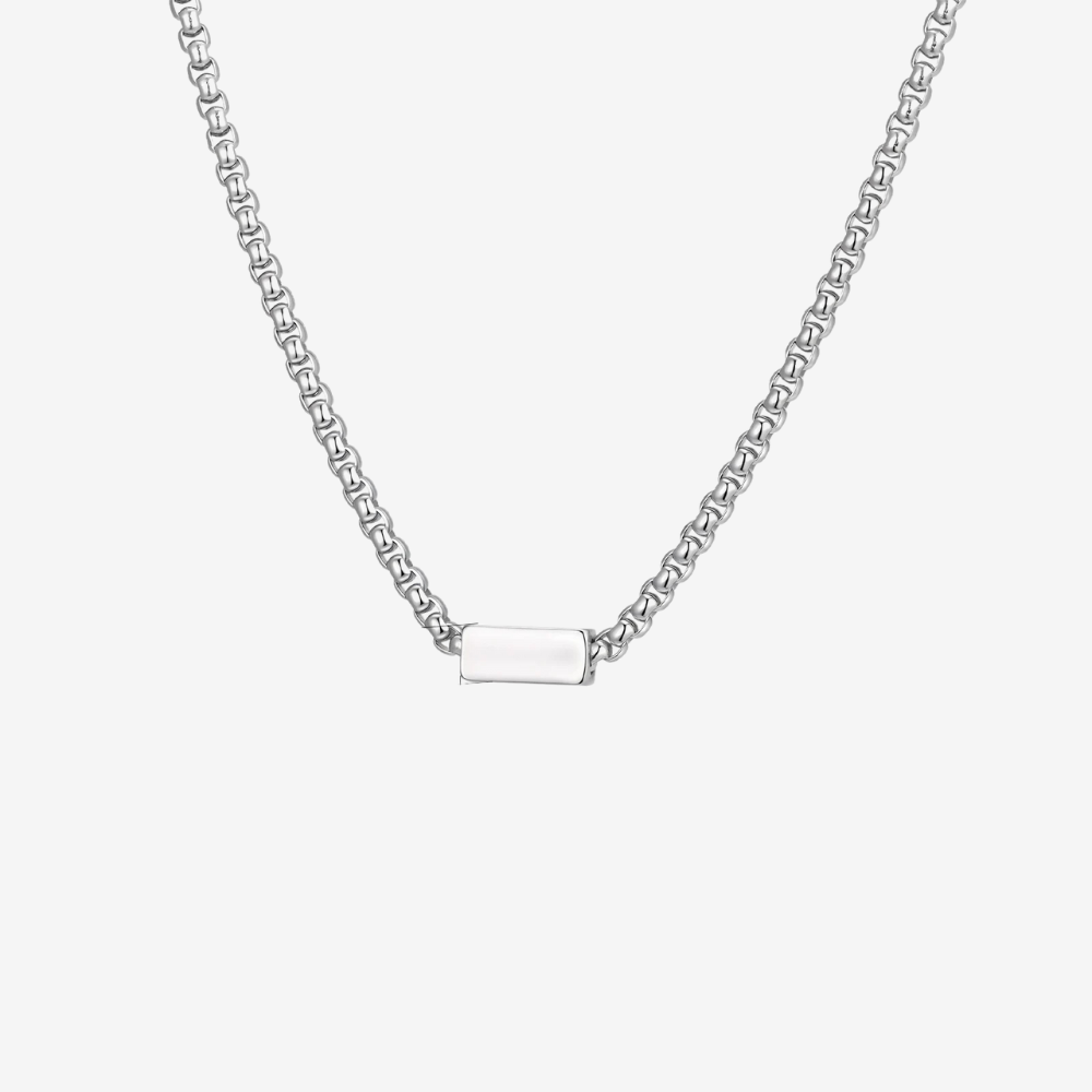 Collier chaîne homme argenté, chaîne carrée et plaque rectangulaire gravable