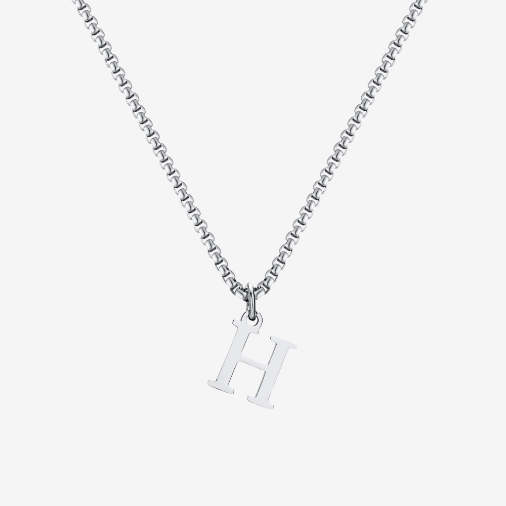 Collier homme argenté, chaîne box épaisse et pendentif initiale