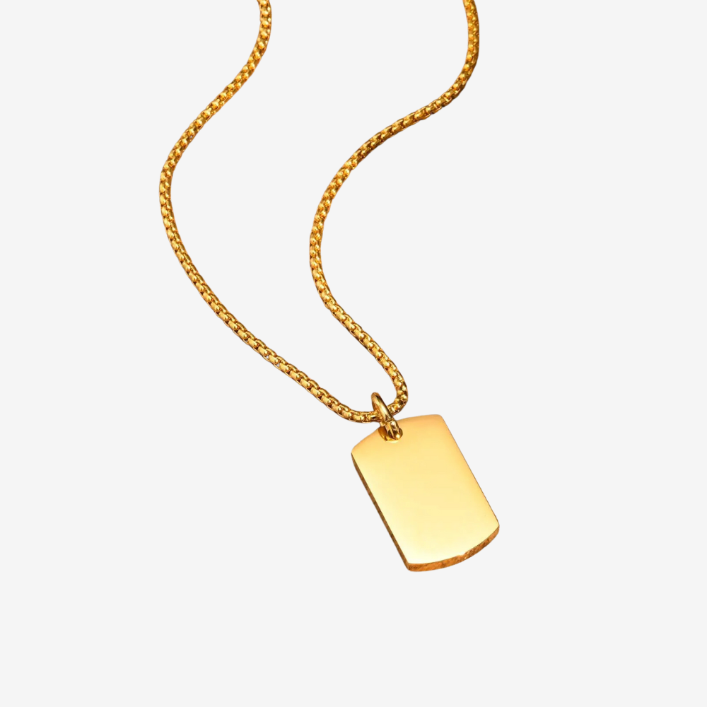 Collier homme style militaire doré, plaque rectangulaire gravable