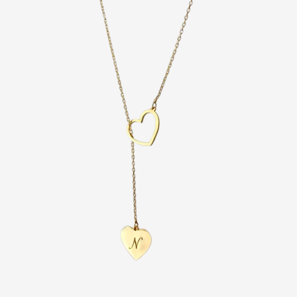 Collier initial en or, chaîne lariat avec cœur ajouré et pendentif cœur gravé