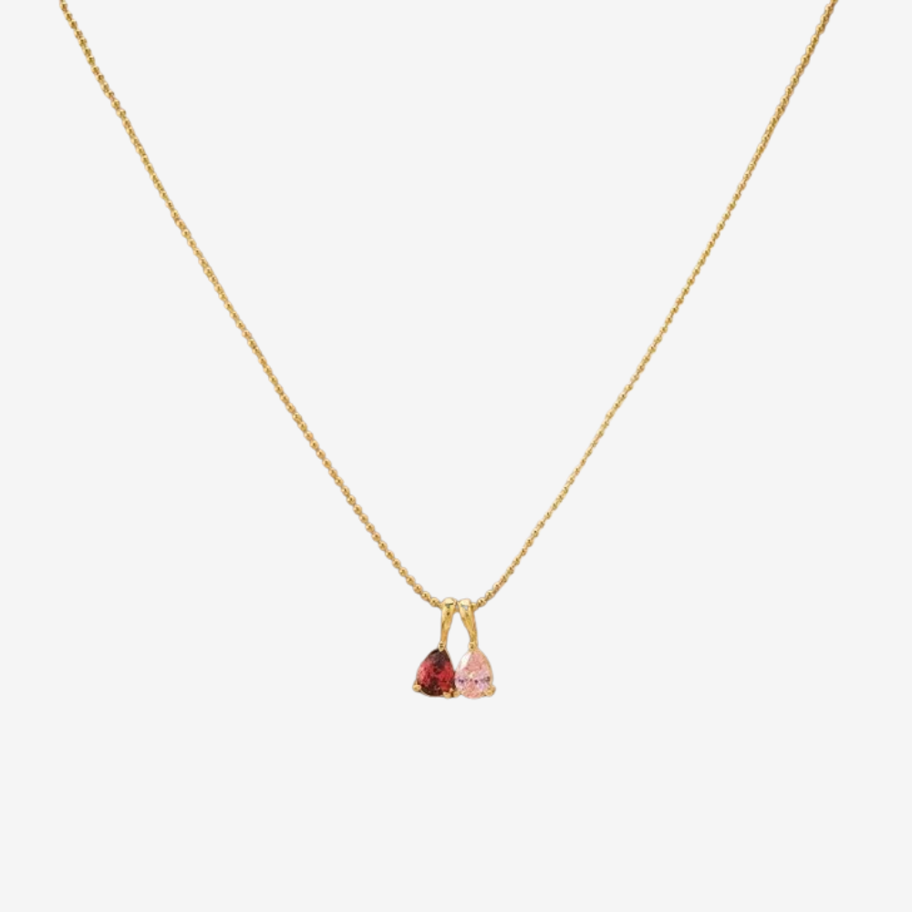 Collier pierre de naissance en chaîne dorée, deux pierres pendentif rouge et rose