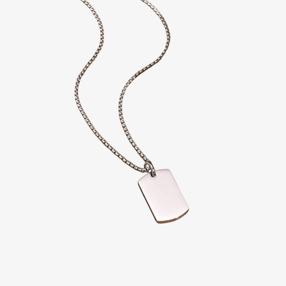 Collier homme style militaire argenté, plaque rectangulaire gravable