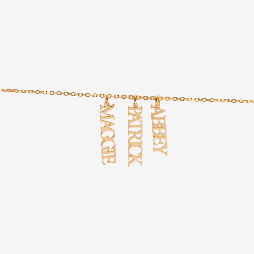 Collier prénoms personnalisés en chaîne dorée, 3 pendentifs prénoms verticaux