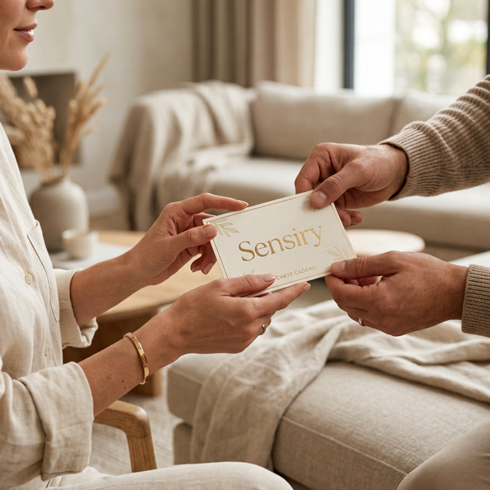 Un homme offre la carte cadeau Sensiry à une femme assise dans un salon chaleureux, mise en scène de couple