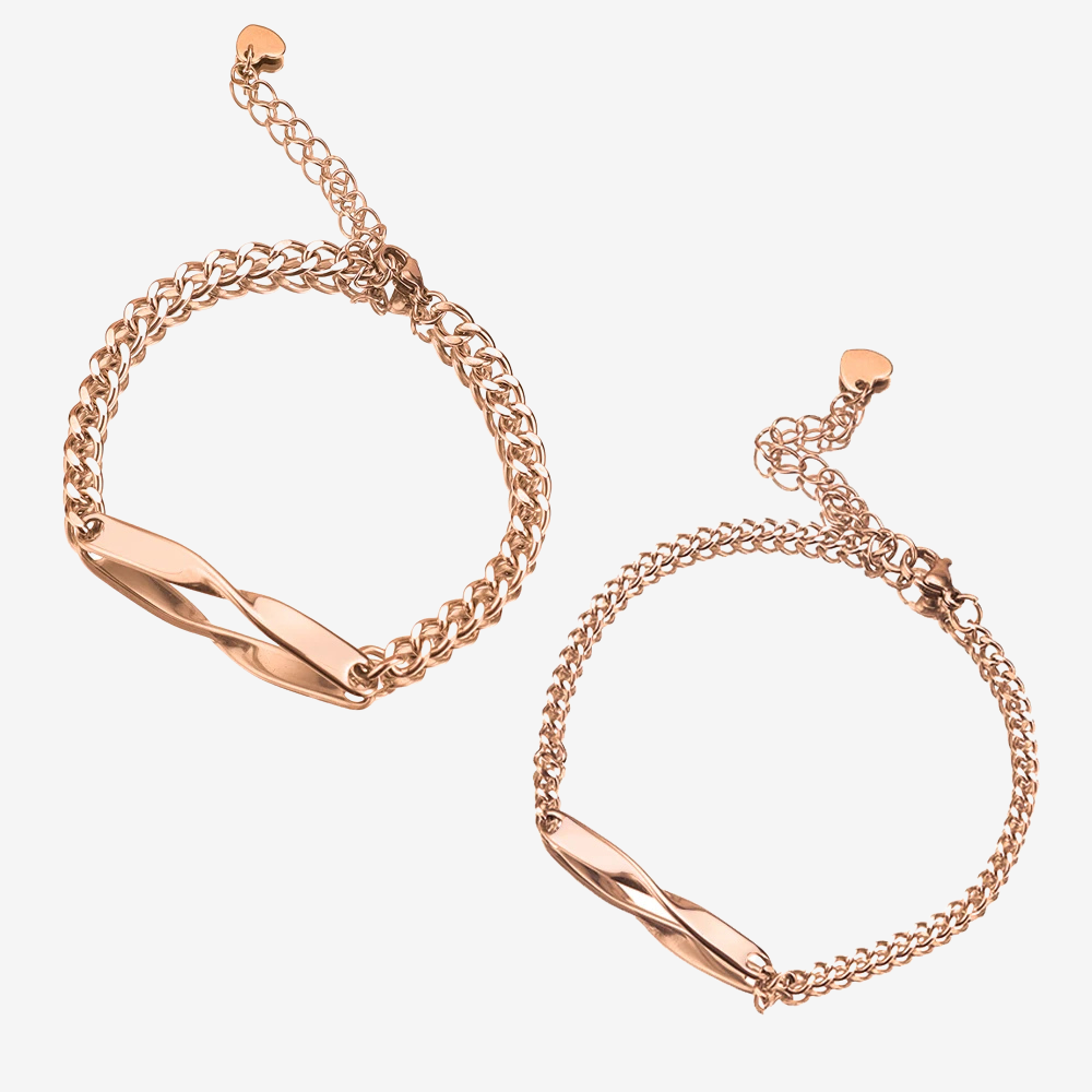 Gourmette personnalisée couple en or rose, duo de tailles femme et homme