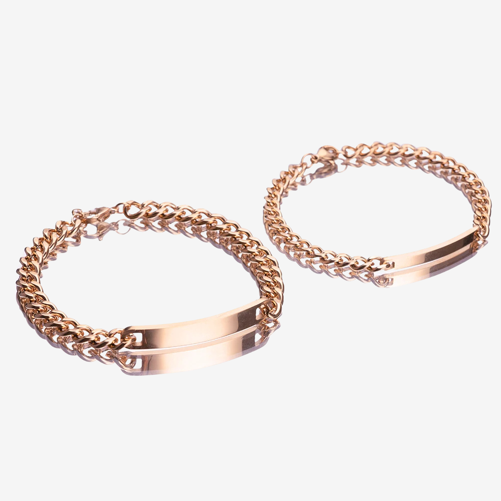 Gourmette couple en or rose, duo de tailles avec plaques gravables