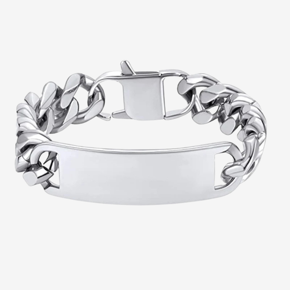 Gourmette homme personnalisée en acier inoxydable argent, chaîne cubaine large et plaque gravable