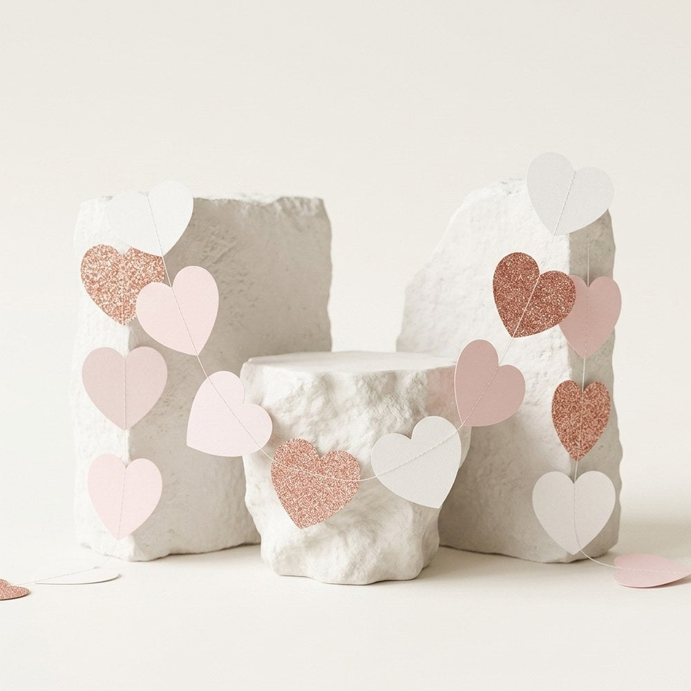 Guirlande en cœur papier drapée sur décor minéral ivoire