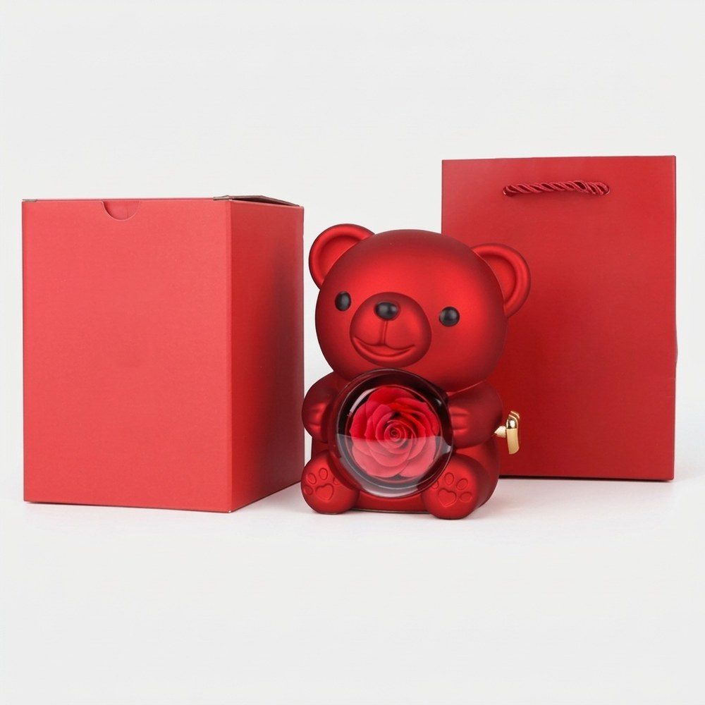 Pack emballage complet ourson bijou, vue produit avec boîte et sac cadeau sur fond neutre