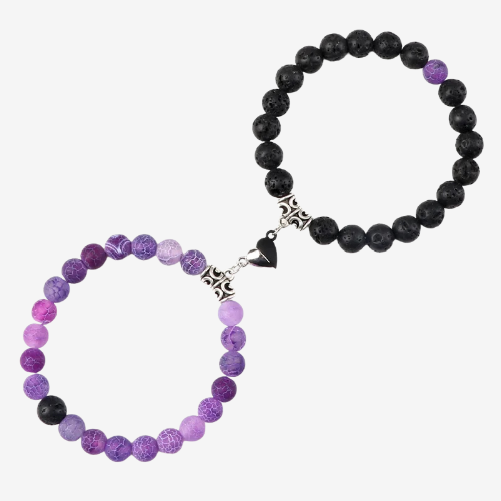 Bracelet d'amour en perles violettes et noires, aimant cœur en acier argenté