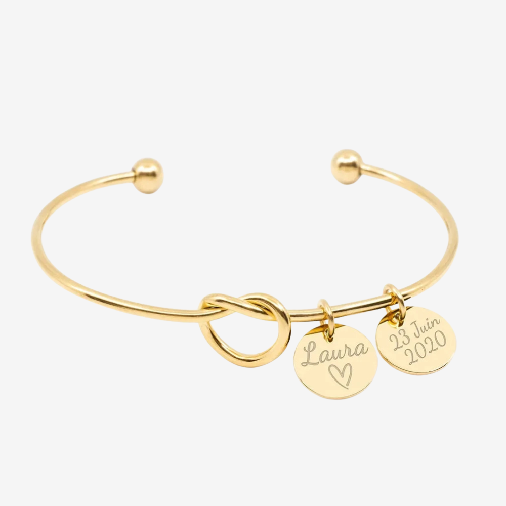 Bracelet jonc nœud à personnaliser doré, deux médaillons gravés prénom et date
