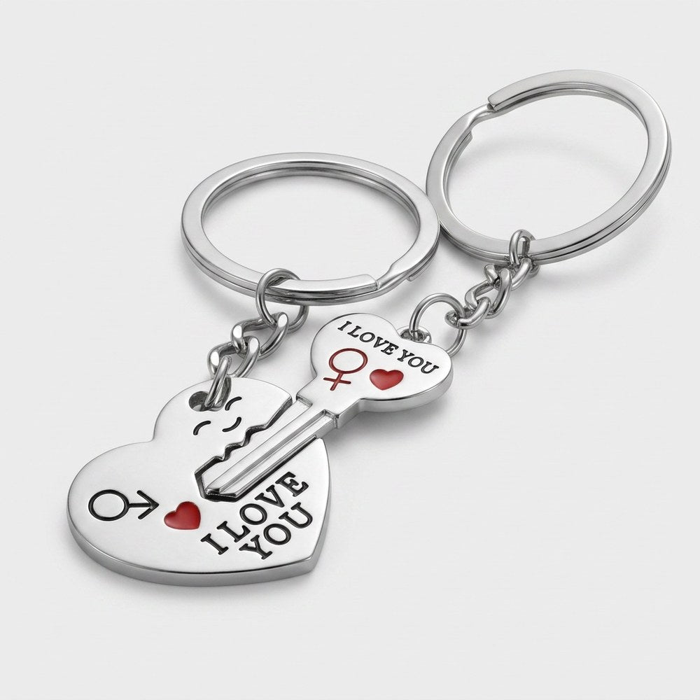 Porte-clé couple cœur et clé, vue produit sur fond neutre