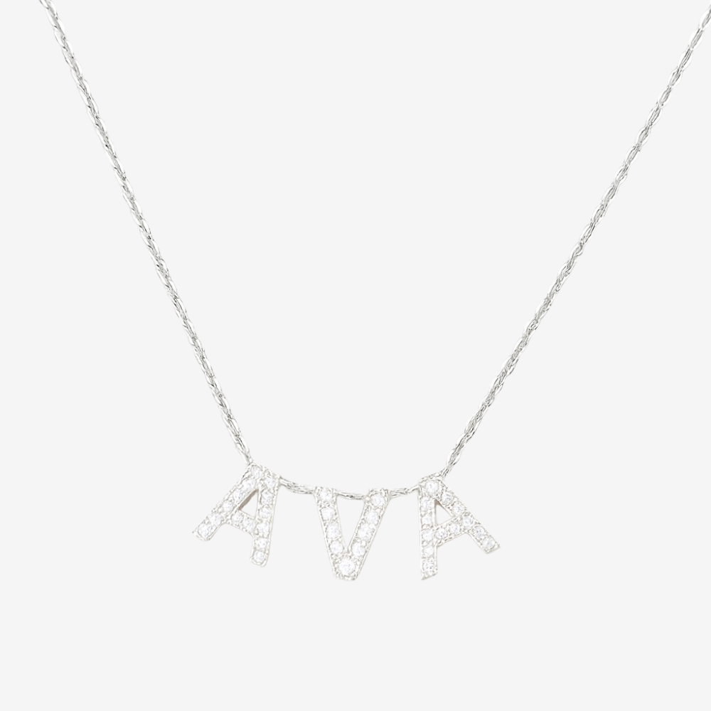 Prénom collier en argent, lettres serties de zircons sur chaîne fine